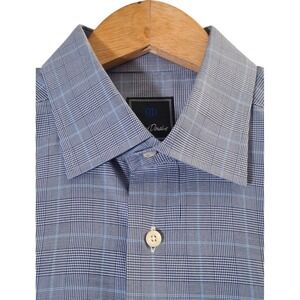David Donahue Dress Shirt Men's 16.5 32/32 Blue Plaid Houndstooth Button Up